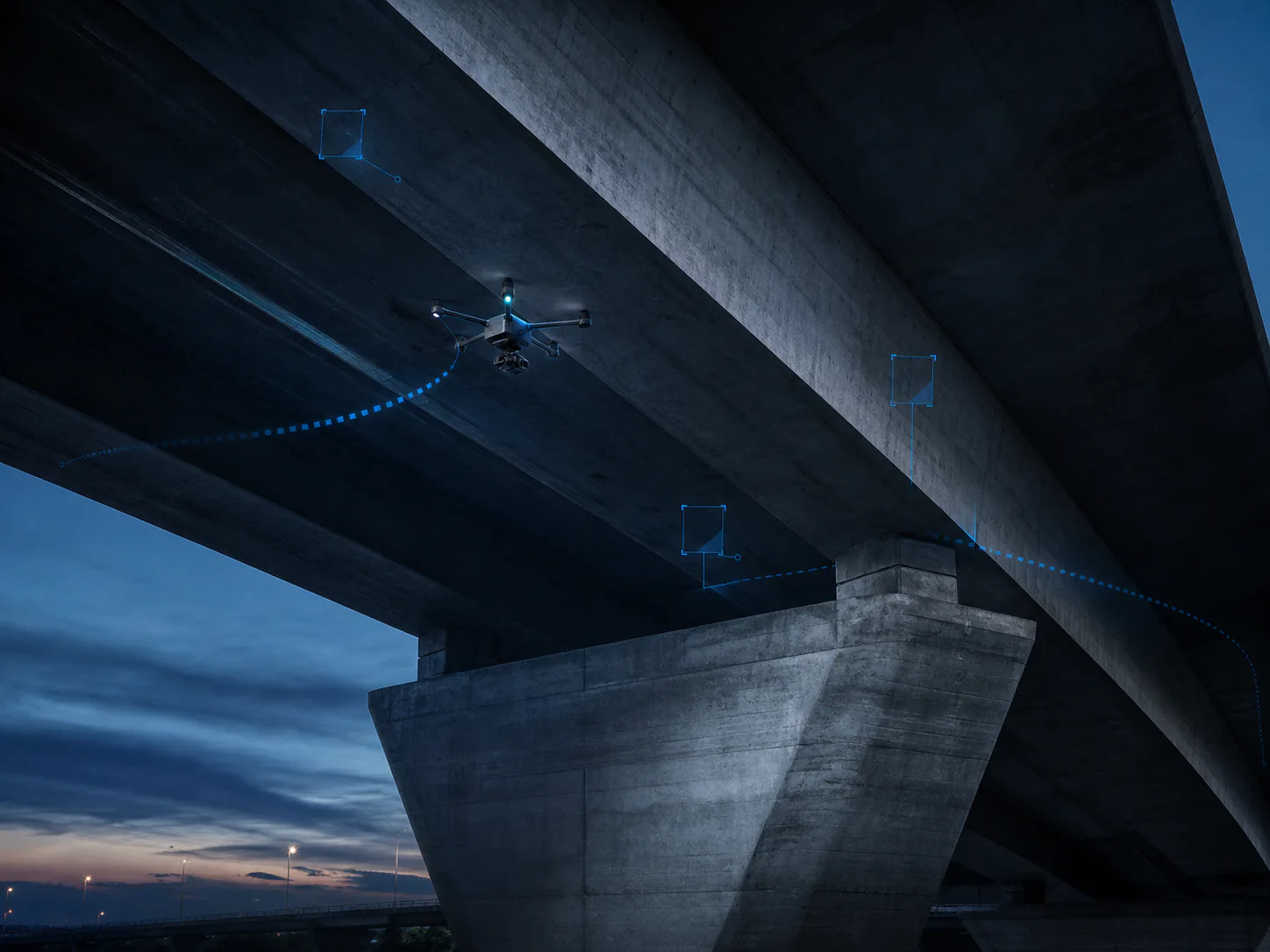Conceptual professional inspection drone following a capture path beneath an anonymous concrete bridge