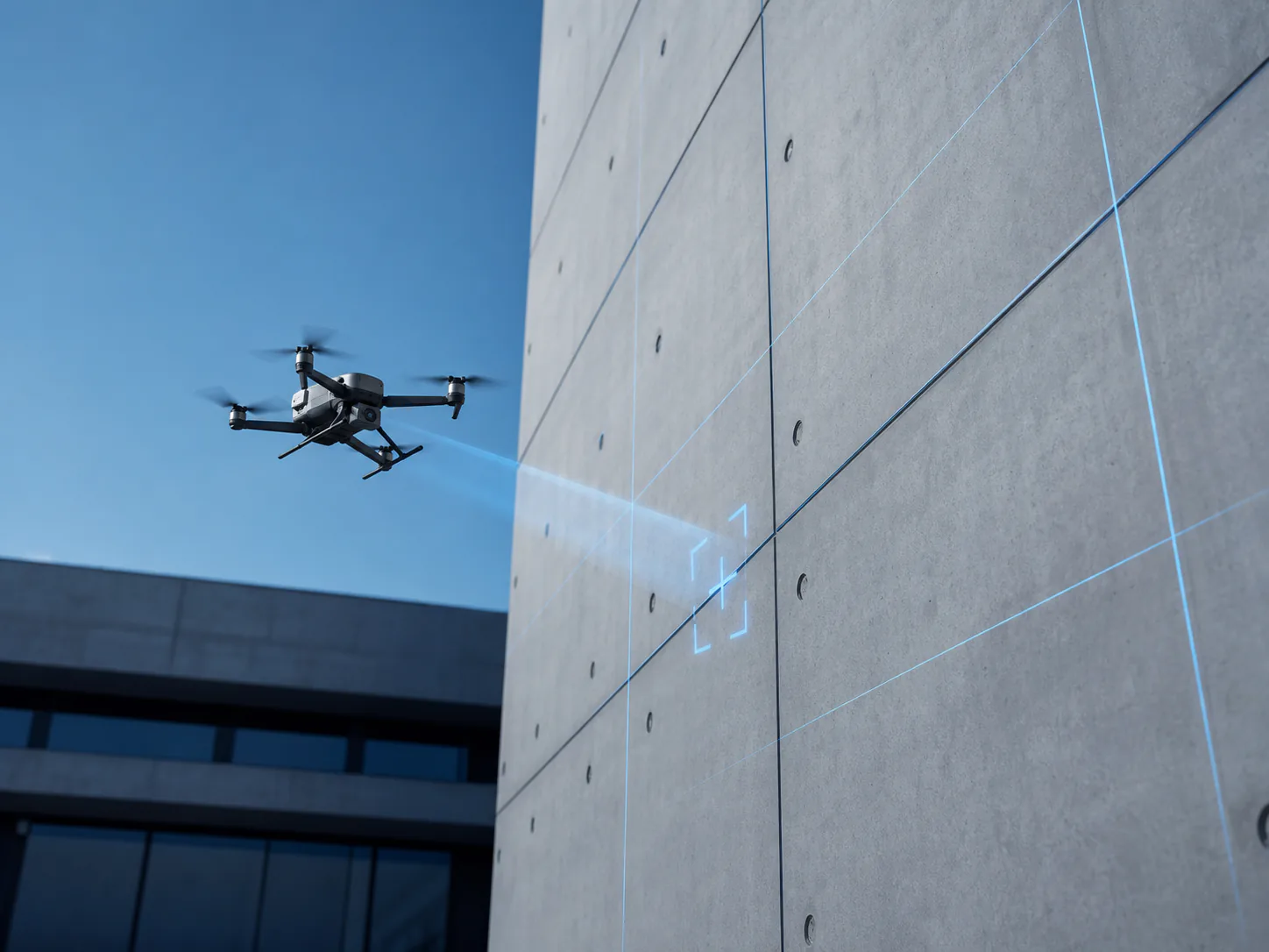 Conceptual professional inspection drone documenting an anonymous concrete building façade