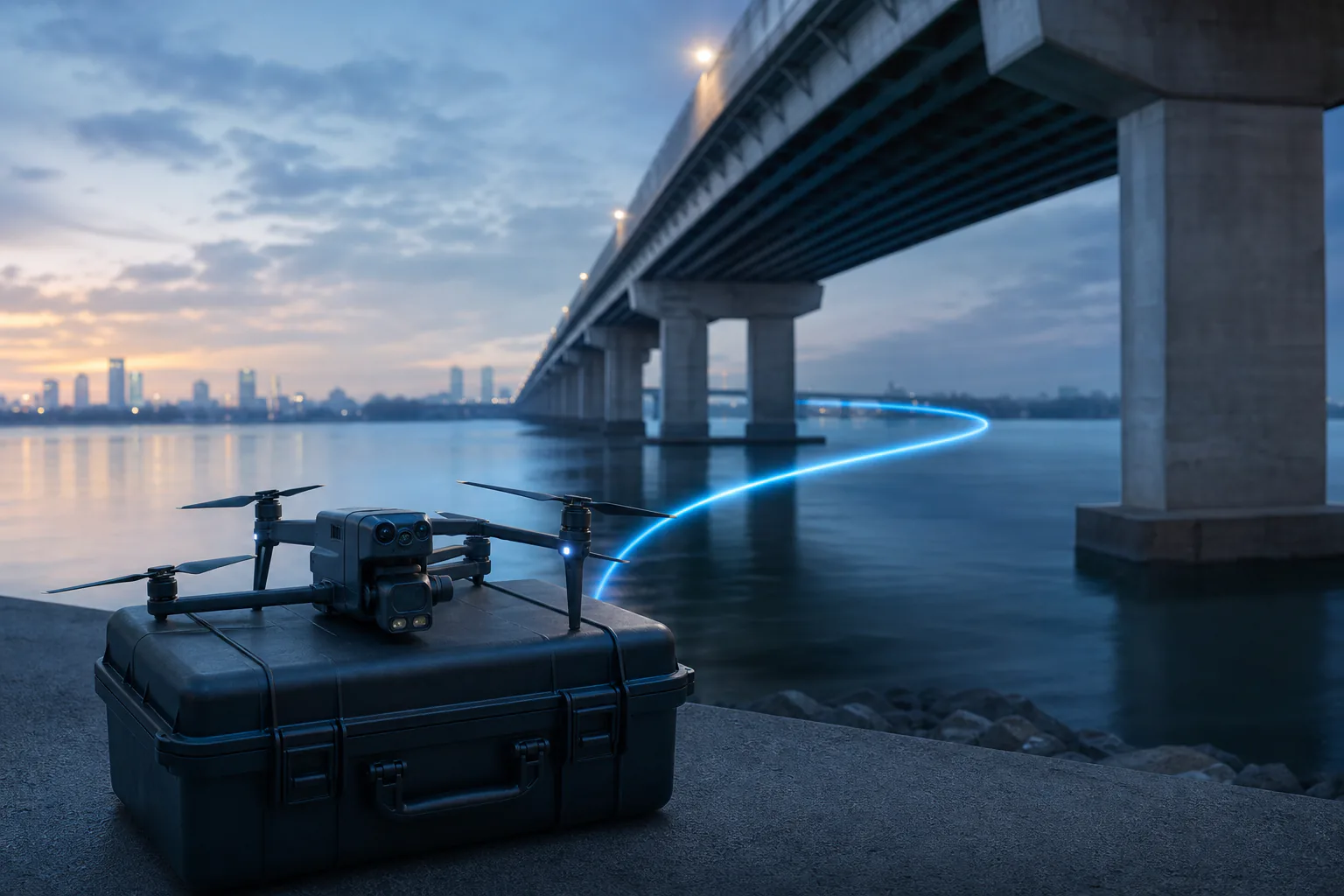 Conceptual professional inspection drone on an equipment case beside an anonymous concrete bridge at dawn