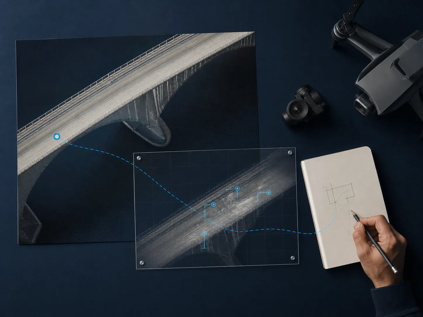 Conceptual editorial workspace with drone bridge imagery, a transparent review layer, notebook, and professional drone camera