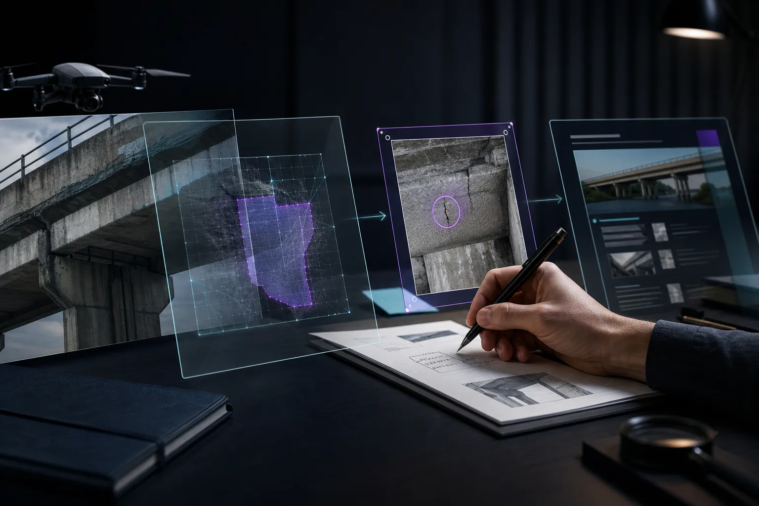 Conceptual drone-captured bridge evidence moving through an experimental overlay, human review, and report communication
