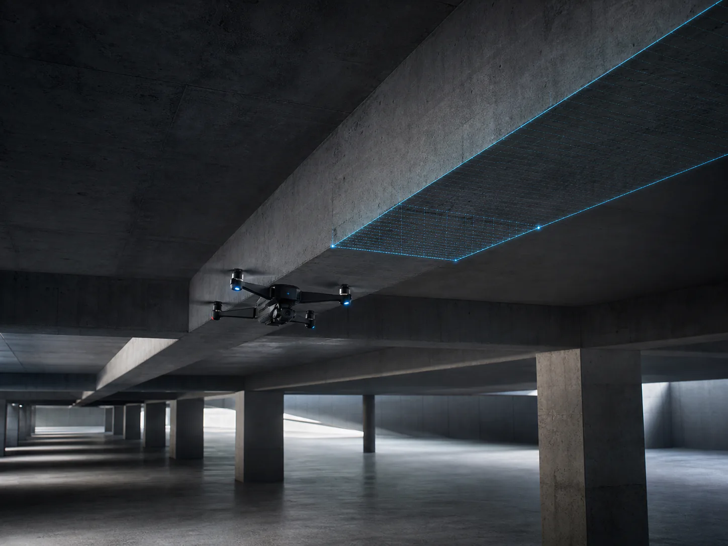 Conceptual professional inspection drone documenting concrete beams in an anonymous parking structure