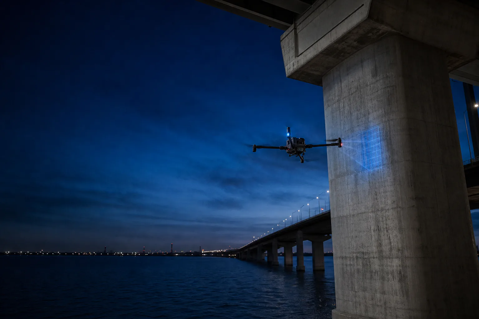Conceptual professional inspection drone examining an anonymous concrete bridge pier at blue hour